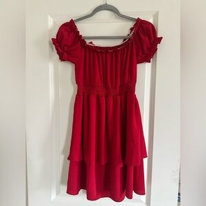 SHEIN Red Off-Shoulder Puff Sleeve Sundress